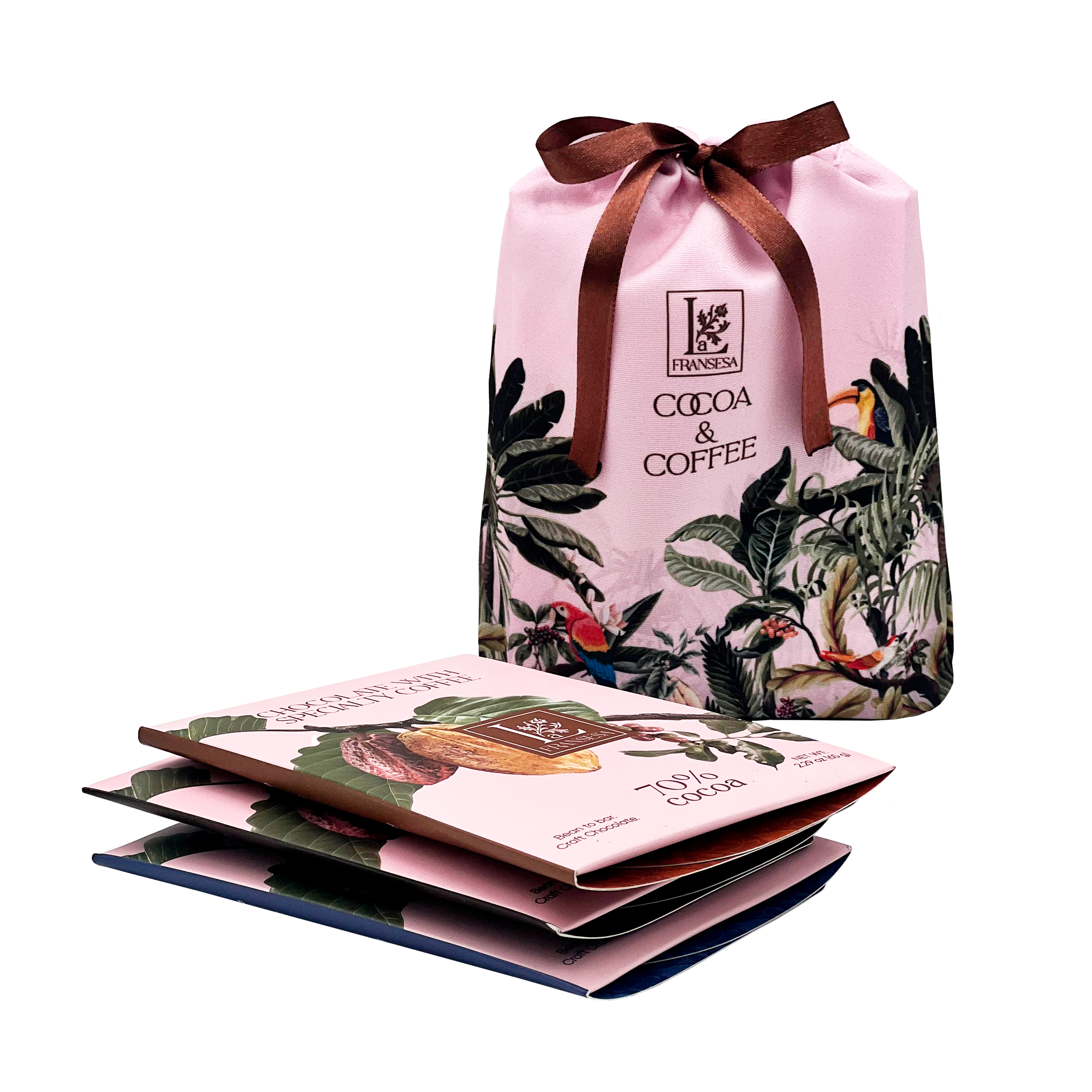 A curated trio of La Fransesa bean to bar chocolates presented in a reusable botanical cocoa bag inspired by the lush gardens of Quindío, Colombia.