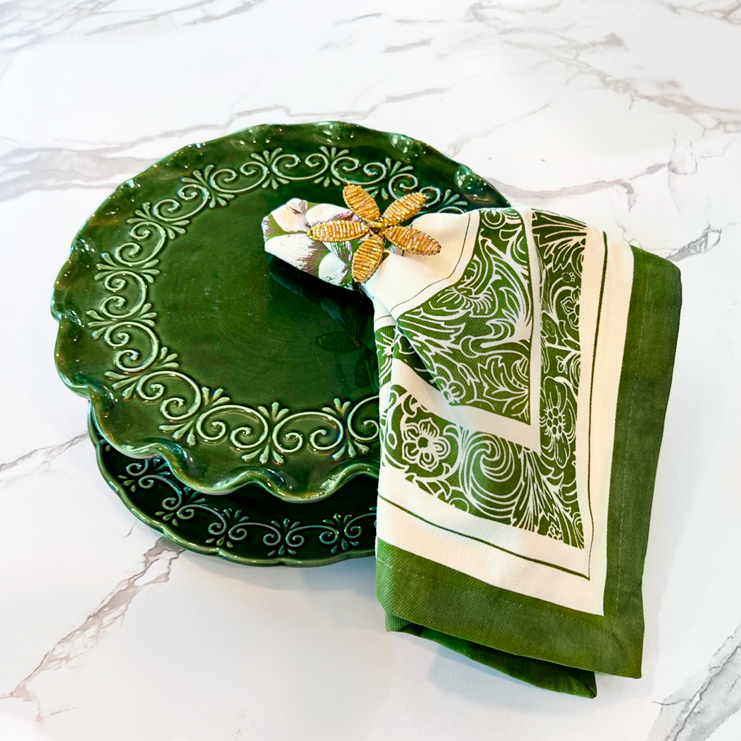 Denim Green Cotton Napkins / Placemats – 100% Colombian Cotton, Hand Block Printed