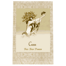 Cassis Rice Body Powder Refill 8oz. design featuring vintage illustration and ornate border.