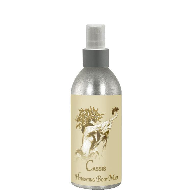 Cassis Hydrating Mist 8oz bottle for face and body, featuring natural ingredients for instant dryness relief.