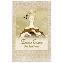 Emotion Celeste Rice Body Powder Refill 8oz. packaging design featuring vintage illustration.