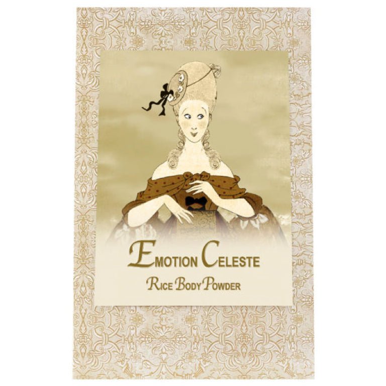 Emotion Celeste Rice Body Powder Refill 8oz. packaging design featuring vintage illustration.