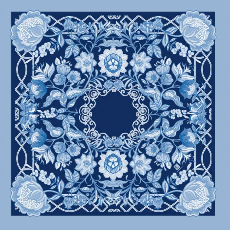 Blue Garden Court French Scarf with floral design and hand-rolled edges.