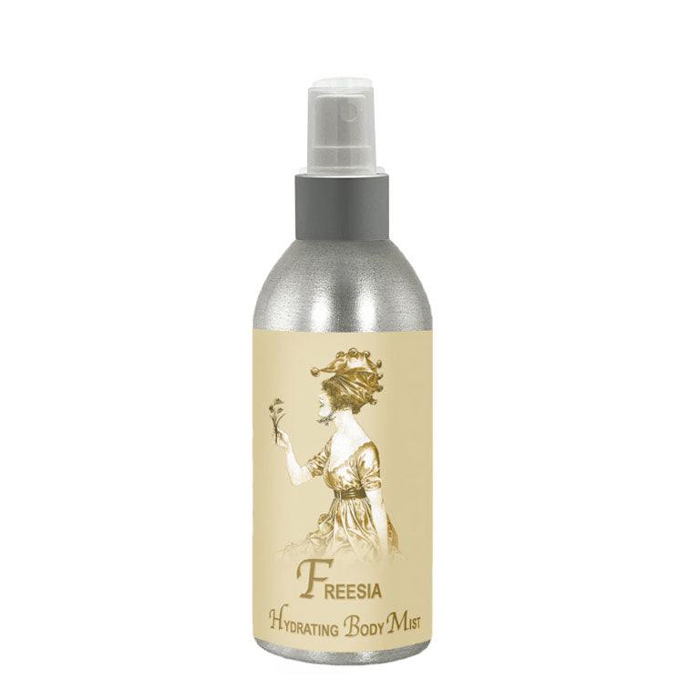 Freesia Hydrating Mist 8oz bottle with vintage label design, all-purpose conditioning for face and body.