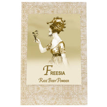Freesia Rice Body Powder Refill 8oz with vintage design, offering hydration with rice and corn powder, enriched with vitamin E.