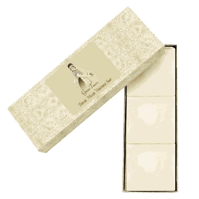 Set of three Green Tomato Triple Milled Vegetable Soaps in elegant packaging.