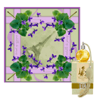 Silk blend Violette de Paris scarf with violet floral design and Eiffel Tower motif.