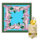 lilac scarf with lilac floral design and hand-rolled edges.