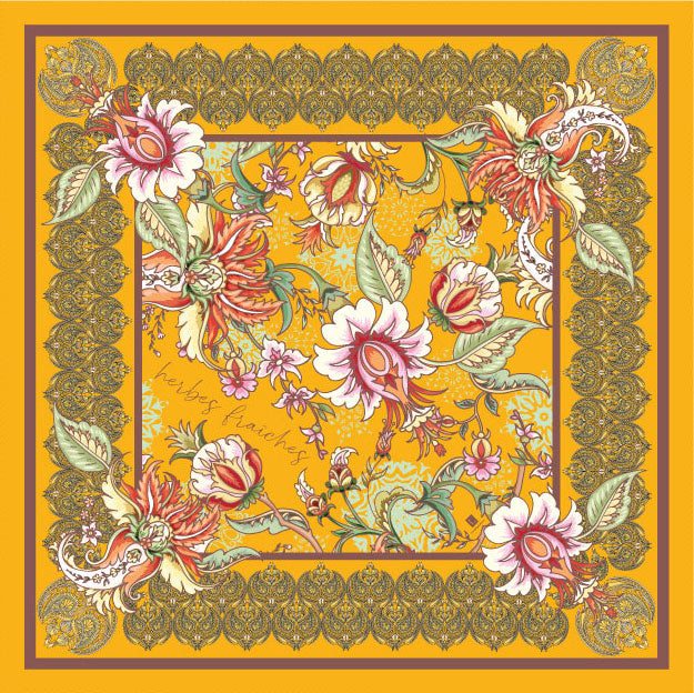 Silk blend Herbes Fraiches Scarf with floral design and hand-rolled edges.