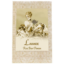 Lavande Rice Body Powder Refill 8oz packaging with vintage design and floral accents.