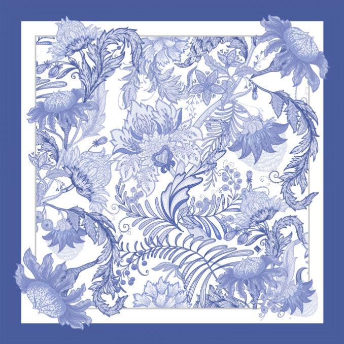 Lavender scarf with hand-rolled edges, floral pattern, 50x50 inches.