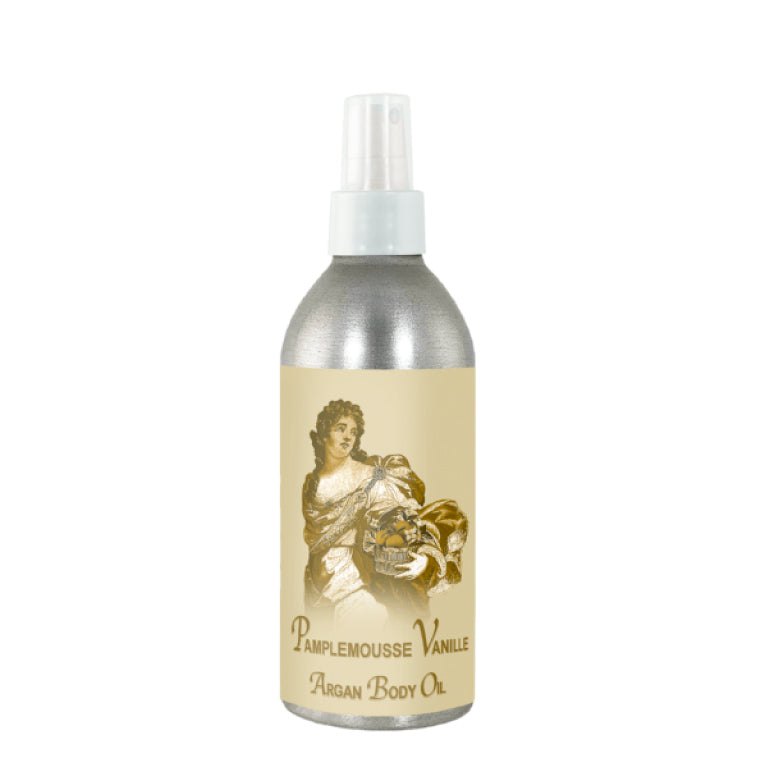 Pamplemousse Vanille French scented body oil in 8oz bottle, luxurious argan oil blend for hydrating skin.