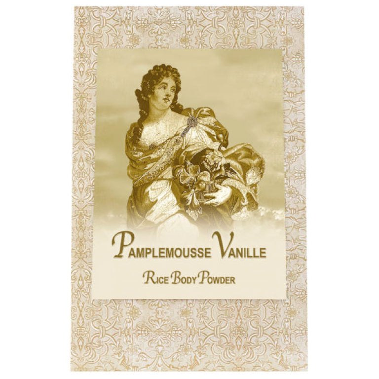 Pamplemousse Vanille Rice Body Powder Refill 8oz with a vintage-style illustration on packaging.