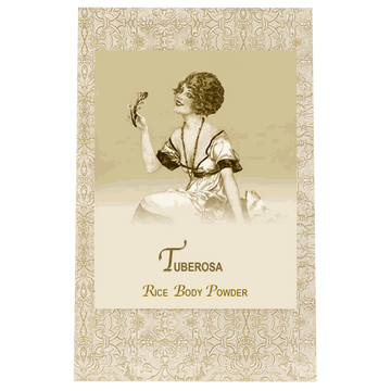 Tuberosa Rice Body Powder Refill packaging with vintage illustration, 8oz.
