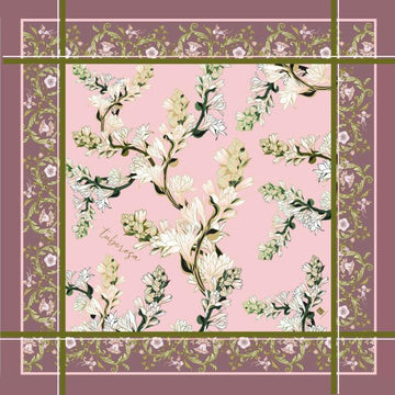 hand rolled silk scarf with floral design and intricate borders