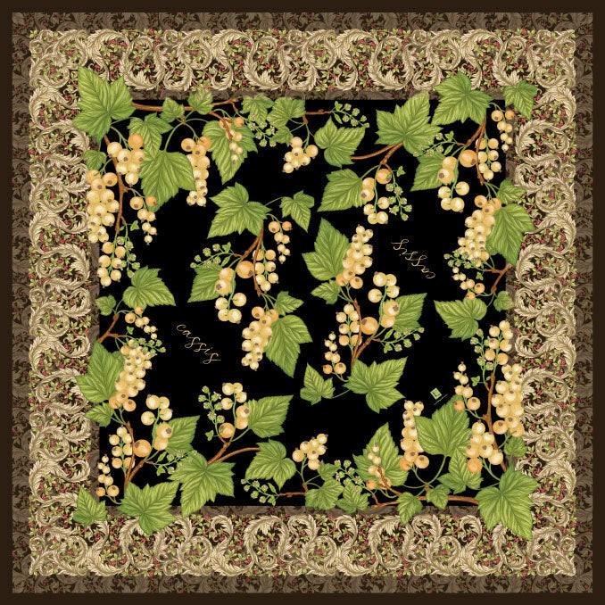 Cassis Scarf with silk blend and hand-rolled edges, featuring a floral design, size 50" x 50".