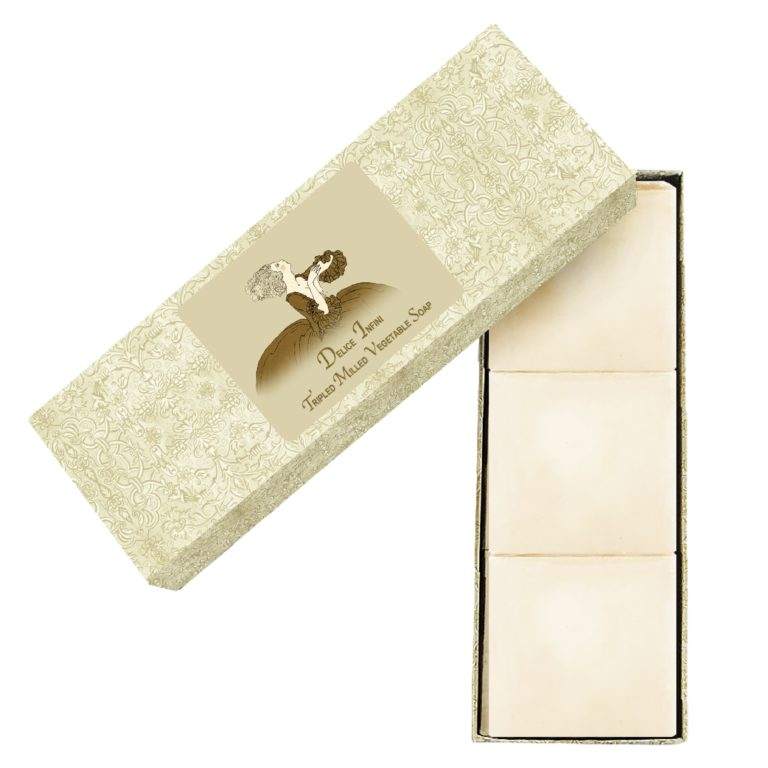 Delice Infini triple-milled vegetable soap set of 3, luxury handcrafted gift box.