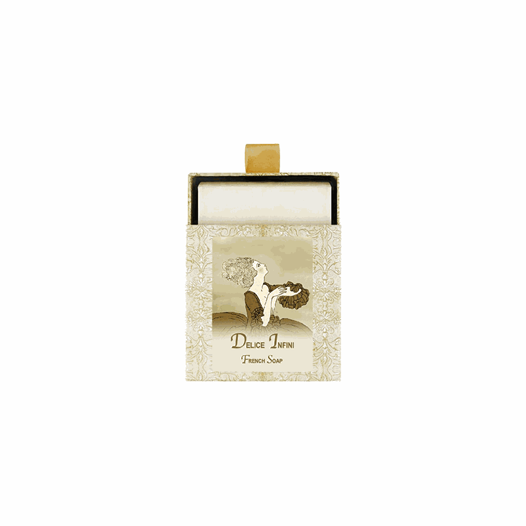 Delice Infini French Soap 7oz in decorative packaging, handcrafted and triple-milled for rich lather, featuring shea, cocoa, and mango butters.