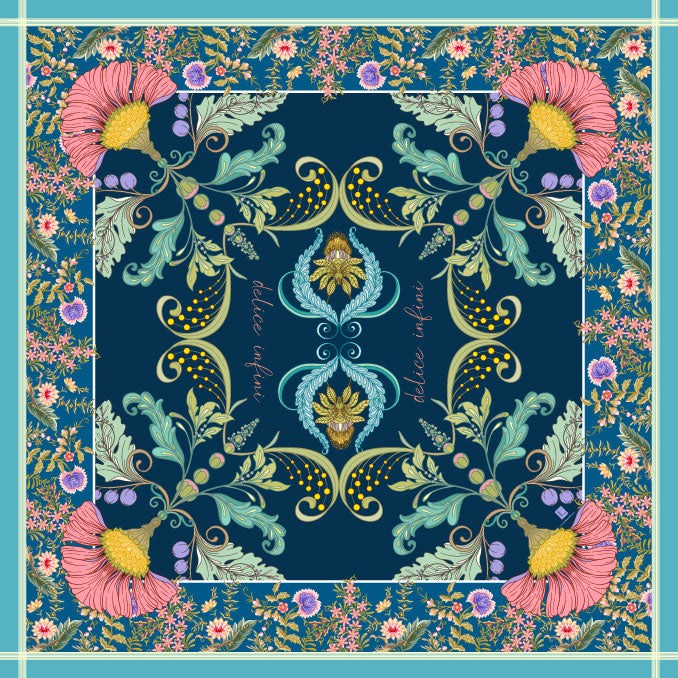 Silk blend scarf with floral design, hand-rolled edges, and versatile wear options.