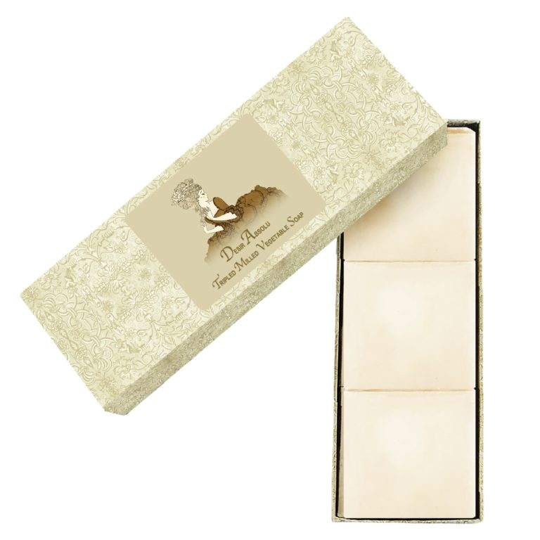 Set of three Desir Absolu triple-milled vegetable soaps in an elegant gift box.