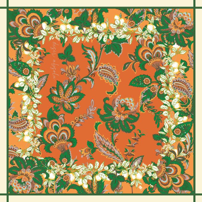 Silk blend Desir Absolu Scarf with floral design and hand-rolled edges.