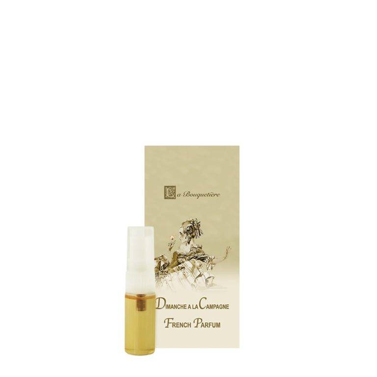 Dimanche a la Campagne Parfum Sample Spray 0.1oz with packaging, featuring notes of rose, violet, and sandalwood.