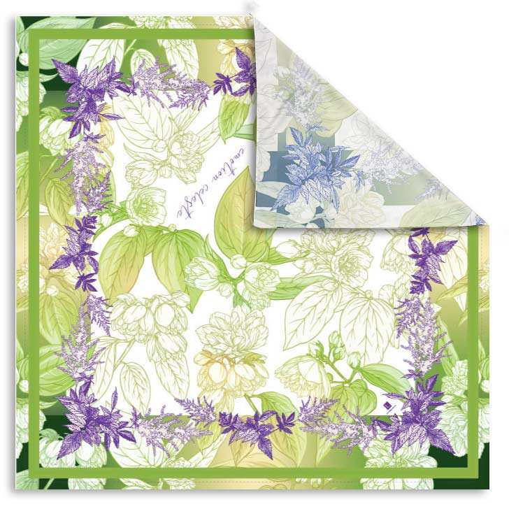 Silk blend scarf with floral design and hand-rolled edges.