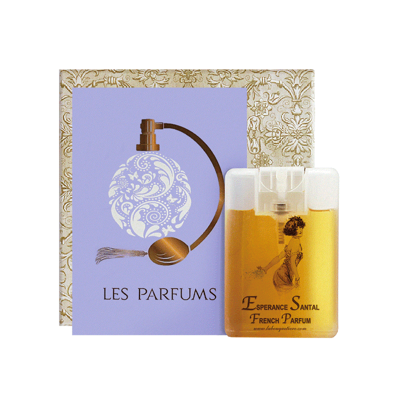 Esperance Santal Eau de Parfum 20ml card spray with decorative packaging, featuring sandalwood and musky notes.