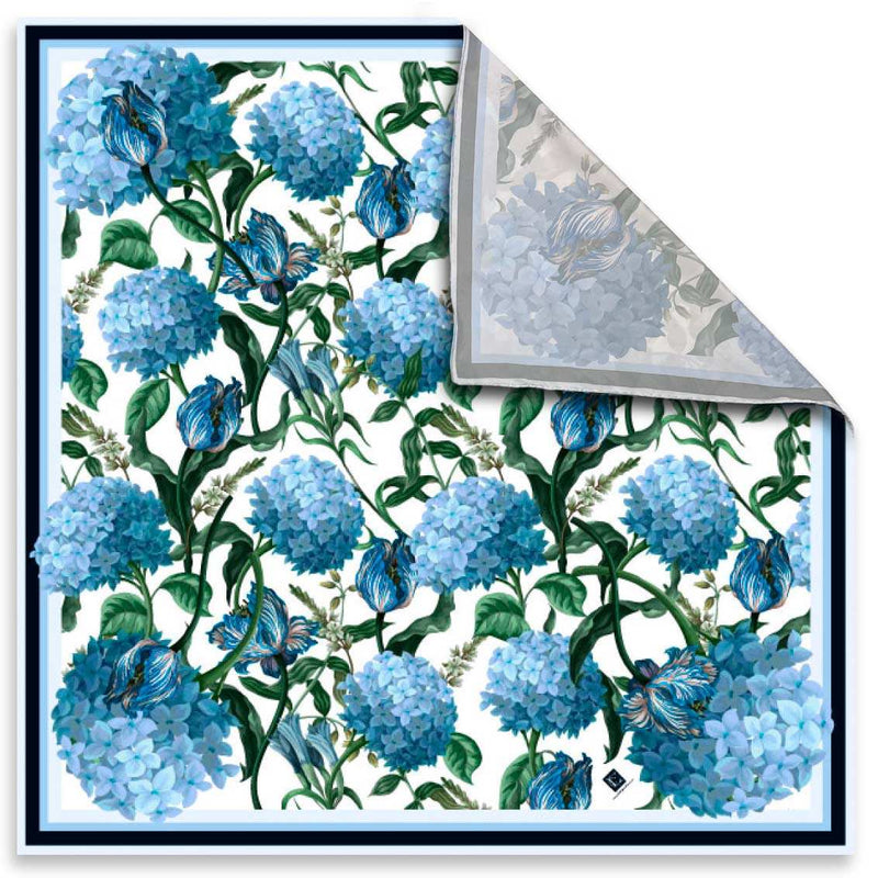 Blue hydrangea scarf with floral design and hand-rolled edges.