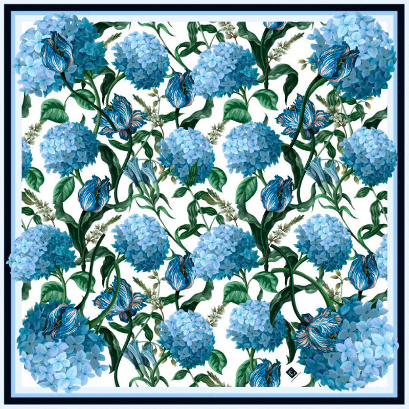 Blue Hydrangea Scarf with detailed floral design and hand-rolled edges.