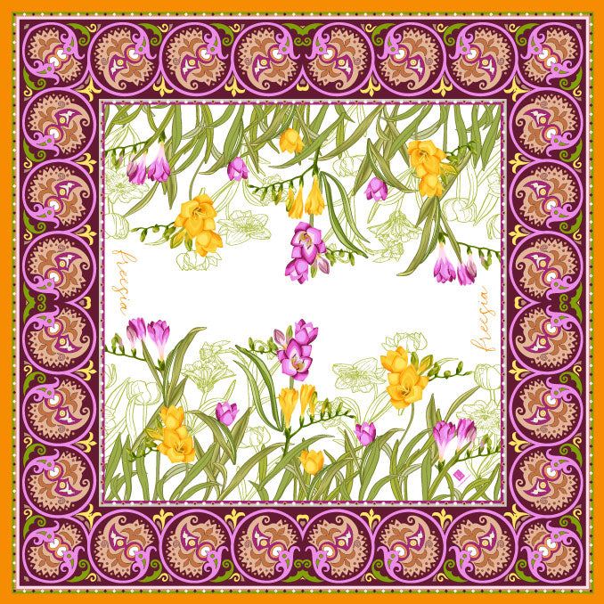 Silk blend Freesia Scarf with floral design and hand-rolled edges.