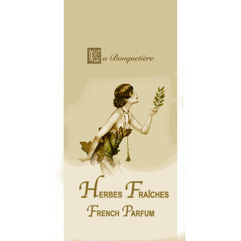 Herbes Fraiches scented card with French parfum theme, featuring vintage design and elegant typography.