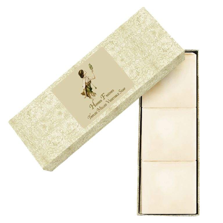 Herbes Fraiches triple-milled vegetable soap set of 3, artisan-crafted with shea, cocoa, and mango butters, in decorative box.