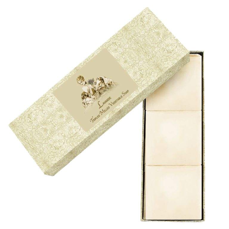 Set of three Lavande Tripled Milled Vegetable Soaps in elegant gift box.