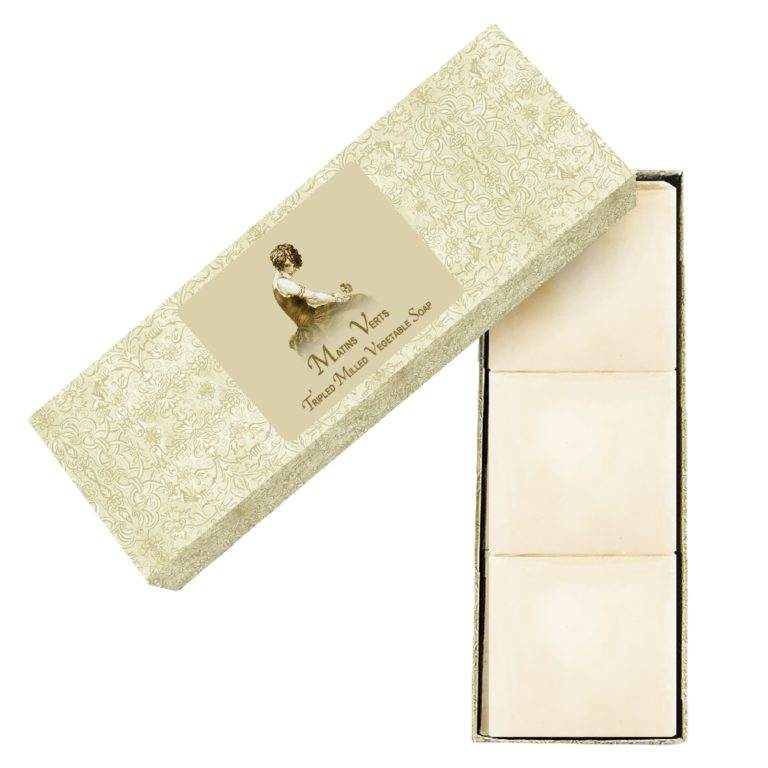 Matins Verts tripled milled vegetable soap set of three in elegant gift box.