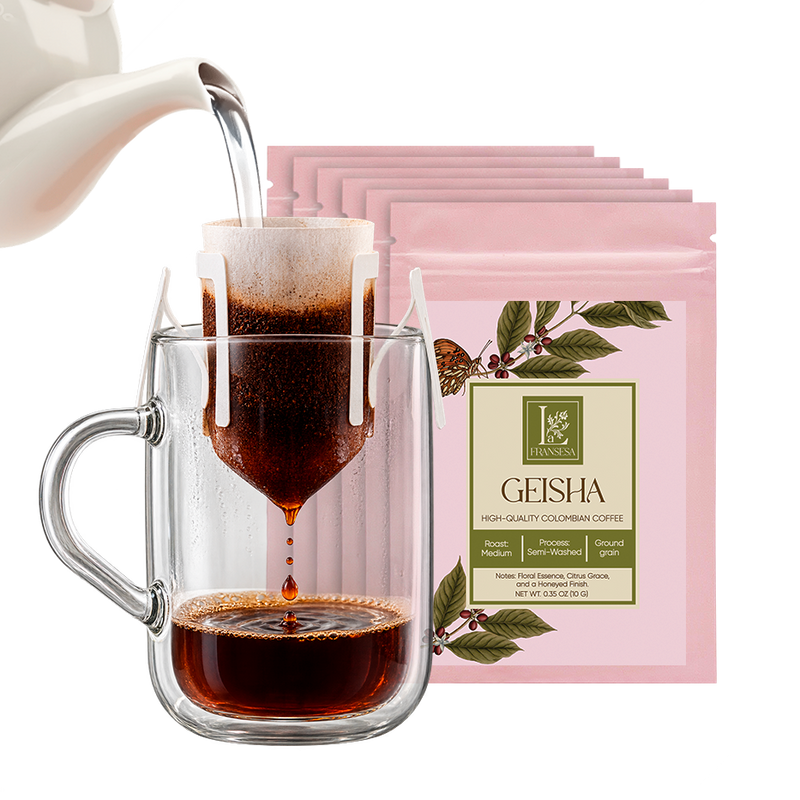 Single-Cup Pre-Filled Colombian Specialty Pour Over Coffee Bags – Geisha, 6 Bags, 10g Each, 100% Arabica, Medium Roast
