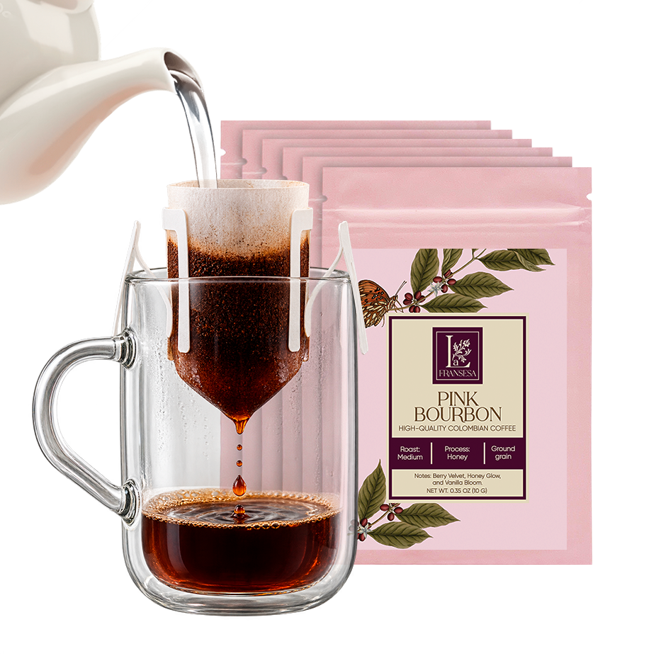 Single-Cup Pre-Filled Colombian Specialty Pour Over Coffee Bags – Pink Bourbon, 6 Bags, 10g Each, 100% Arabica, Medium Roast