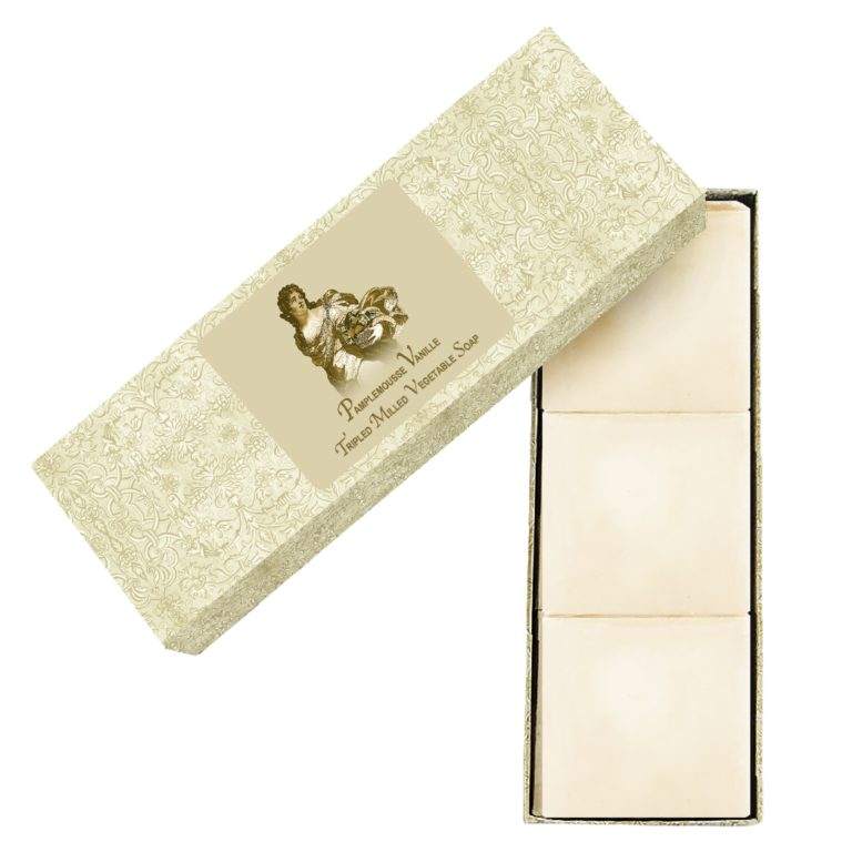 Pamplemousse Vanille triple-milled vegetable soap set of three in elegant packaging.