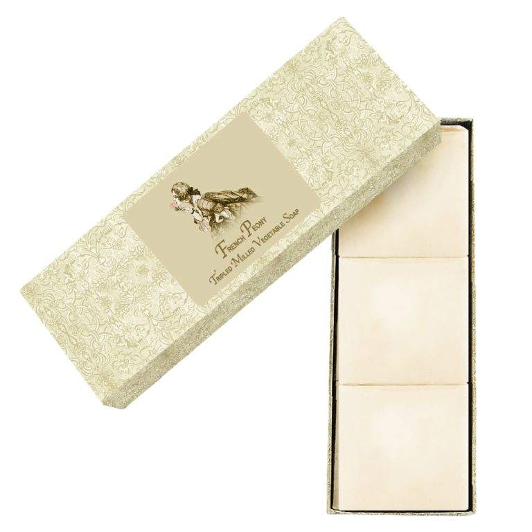 Luxury French Peony Triple-Milled Vegetable Soap Set of 3 in decorative box.