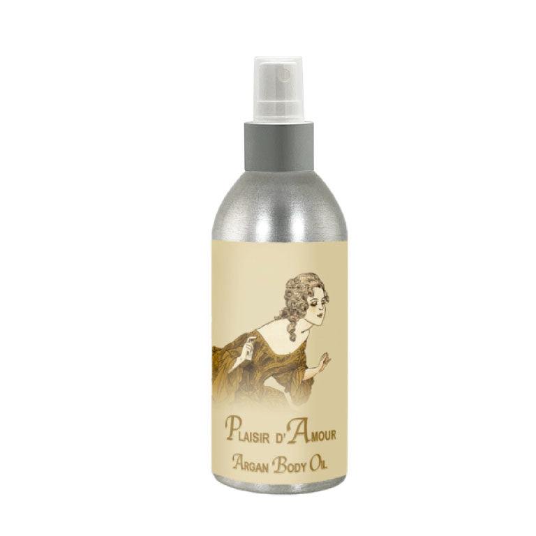Plaisir d'Amour French Body Argan Oil 8oz bottle with vintage label design.
