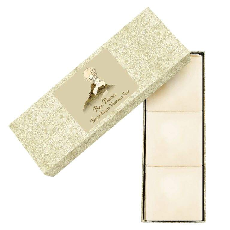 Reve Passionel Body triple-milled vegetable soap set of 3 in elegant gift box.