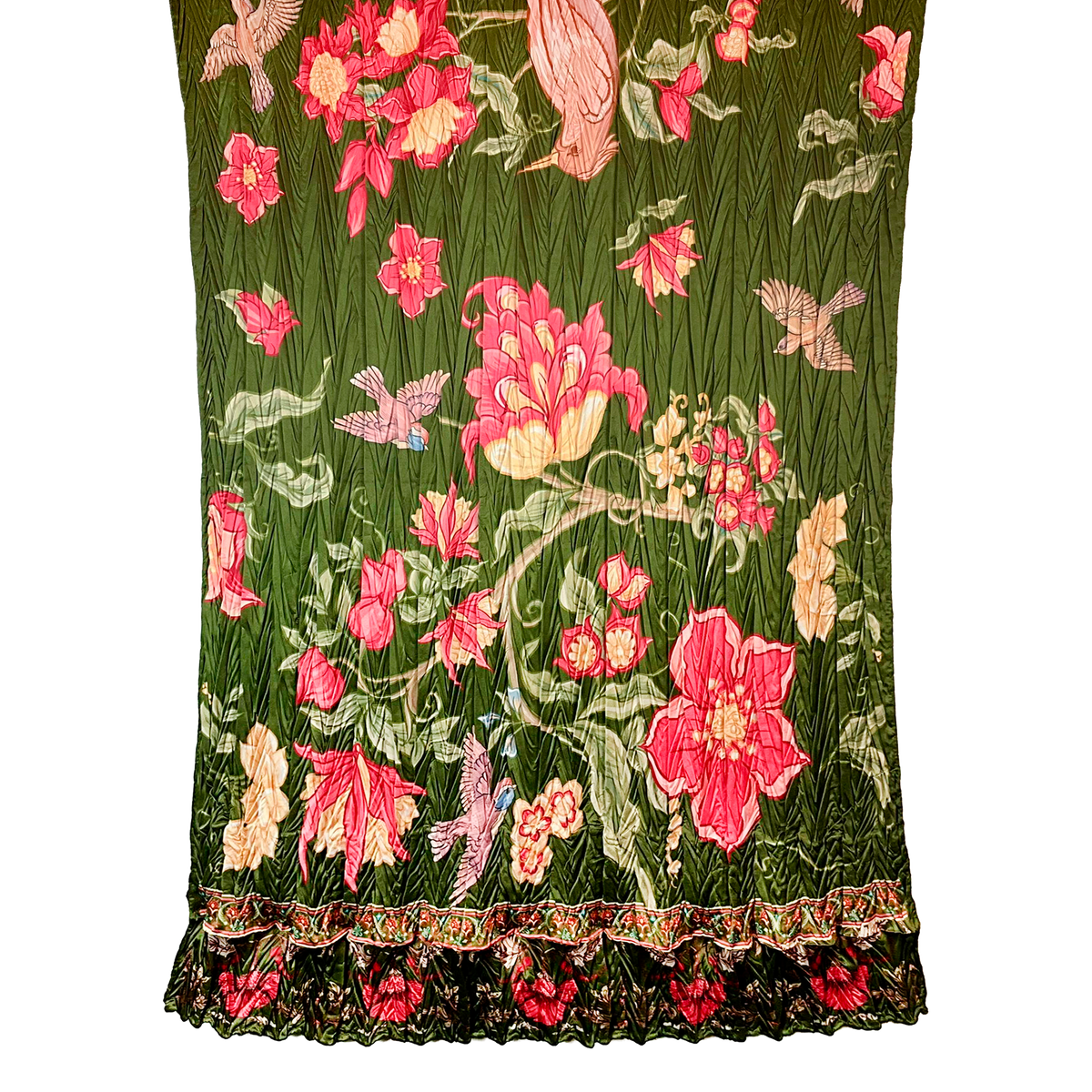 Green Silk Blend Pleated Scarf – 64" x 20"