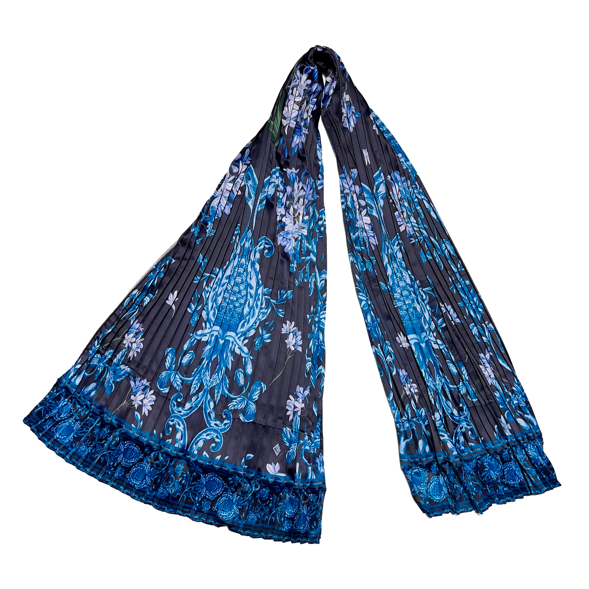 Blue Silk Blend Pleated Scarf – 64" x 20"