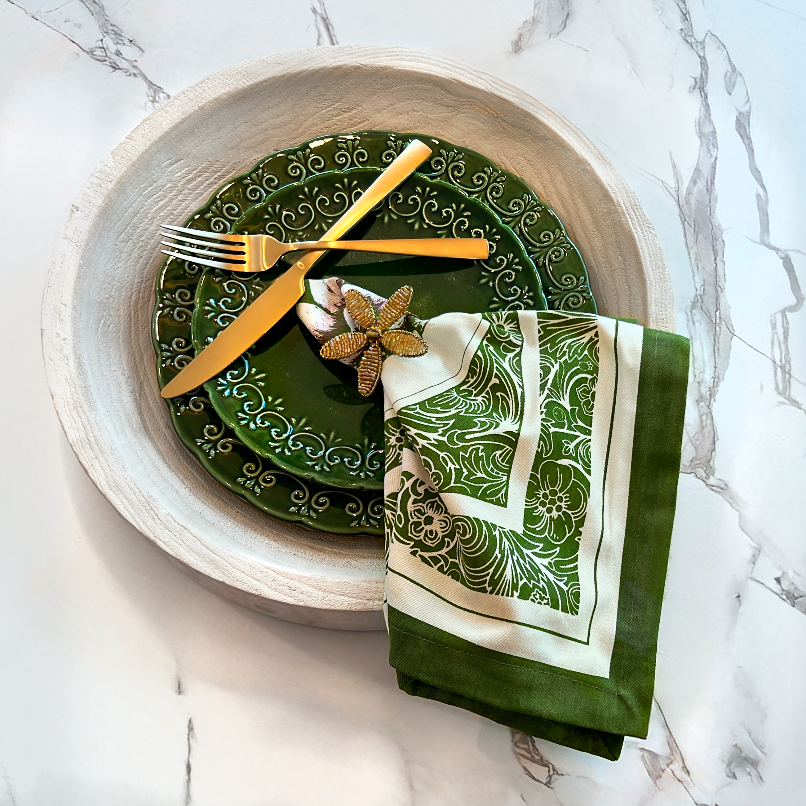 Denim Green Cotton Napkins / Placemats – 100% Colombian Cotton, Hand Block Printed