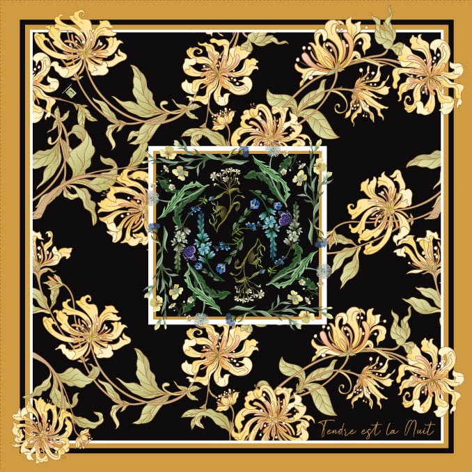 Silk blend scarf with floral design and hand-rolled edges.