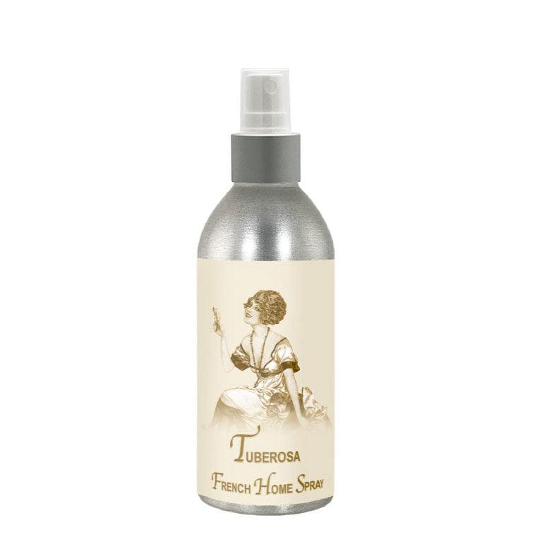 Tuberosa French Home Spray 8oz bottle with vintage label design, offering notes of tuberose, red berries, and verbena.