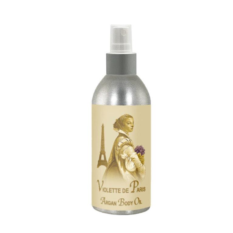 Violette de Paris French Body Argan Oil 8oz bottle with elegant packaging and Eiffel Tower design.