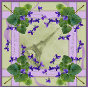 Silk blend Violette de Paris scarf with floral design and Eiffel Tower motif.