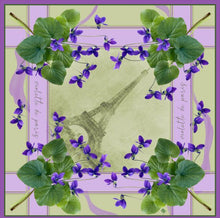 Silk blend Violette de Paris scarf with floral design and Eiffel Tower motif.