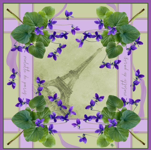Silk blend Violette de Paris scarf with floral design and Eiffel Tower motif.